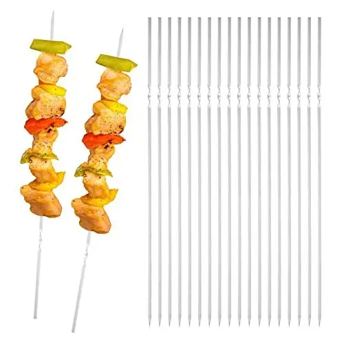 Produktbild: QQ CAT 20 Stücke Edelstahl Grillspieße 0.28 * 38 cm lang Flache Spieße Wiederverwendbare breite Schaschlikspieße Kabob Lagerfeuer