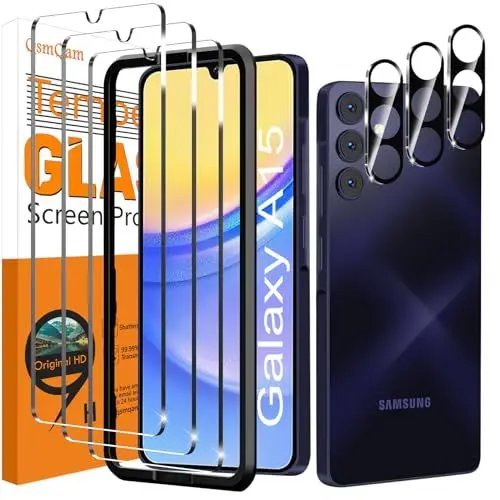 Produktbild: QsmQam 3 Stück Panzer Schutz Glas für Samsung Galaxy A15 4G / 5G und 3 Stück Kameraschutz, 9H Härte Panzer folie Schutzfolie, HD Displayschutz Folie, Anti-Kratzer, Bläschenfrei