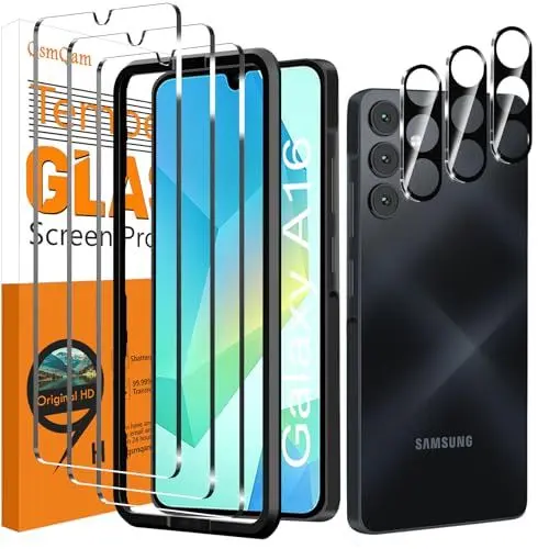 Produktbild: QsmQam 3 Stück Panzer Schutz Glas für Samsung Galaxy A16 4G/5G und 3 Stück Kameraschutz, 9H Härte Panzer folie Schutzfolie, HD Displayschutz Folie, Anti-Kratzer, Bläschenfrei