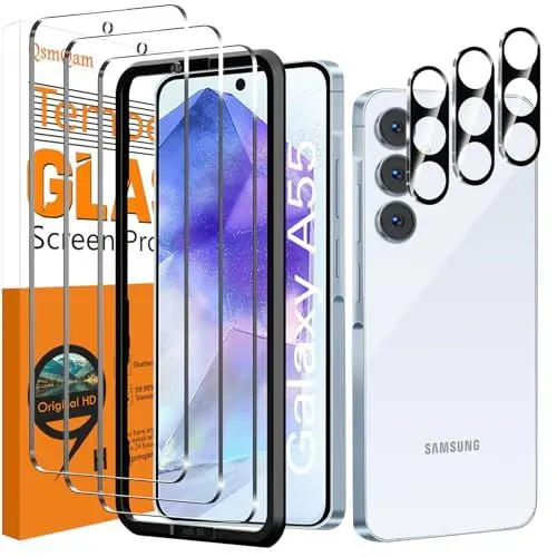 Produktbild: QsmQam 3 Stück Panzer Schutz Glas für Samsung Galaxy A55 5G und 3 Stück Kameraschutz, 9H Härte Schutzfolie, HD Displayschutz Folie, Anti-Kratzer, Bläschenfrei