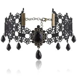 Produktbild: QttvbTna Schwarz Spitze Kristall Anhänger Halsketten, Classic Gothic Steampunk Hohlblume Choker Halskette Halloween Cosplay Party Diamant Halskette Schmuck für Frauen und Mädchen