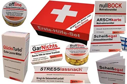 Produktbild: quacksalberei Erste Hilfe Sanikasten fürs Büro, Witziges Geschenkset, 10-teilig