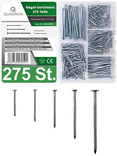 Produktbild: QUADRIOS GmbH | 275 Stück Stahlnägel Set | Nagel Set aus Stahl | Lange und kurze Nägel aus Stahl von 20mm bis 50mm, für Heimwerker, Bilder an der Wand aufhängen, Handwerk oder Bau