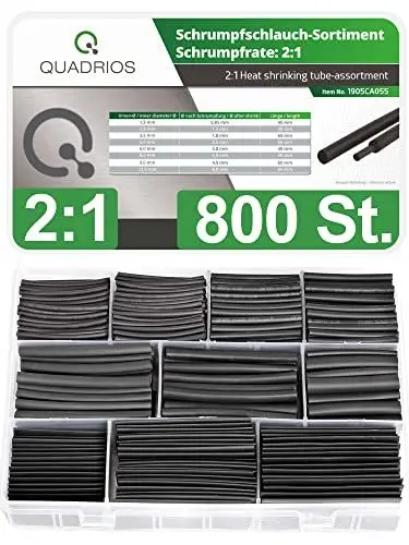 Produktbild: QUADRIOS GmbH | 800 Stück Schrumpfschlauch Set | Schrumpfrate 2:1 | Schrumpfschläuche 1,5mm bis 12mm, Industriequalität, Halogenfrei, KFZ-geeignet, Verschiedene Größen, Schwarz