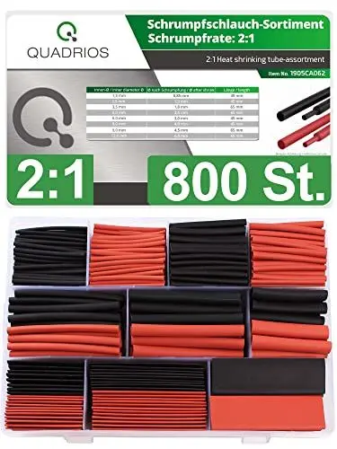 Produktbild: QUADRIOS GmbH | 800 Stück Schrumpfschlauch Set | Schrumpfrate 2:1 | Schrumpfschläuche 1,5mm bis 12mm, Industriequalität, Halogenfrei, KFZ-geeignet, Verschiedene Größen, Schwarz/Rot