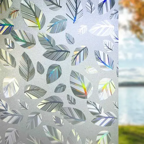 Produktbild: Qualsen Fensterfolie Selbsthaftend Sichtschutzfolie Fenster 3D Regenbogen Blättermuster Milchglasfolie Blickdicht Dekofolie Anti UV Statisch Haftend Klebefolie für Zuhause 30x200cm