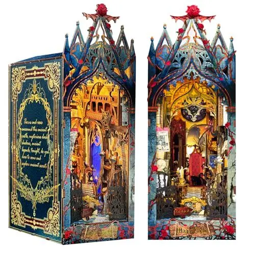 Produktbild: Quanquer DIY Book Nook Kit – DIY Puppenhäuser Miniatur Haus Kit mit Möbeln und LED-Licht, 3D Puzzle Buchstützen aus Holz, Modellbausätze für Erwachsene zum Bauen