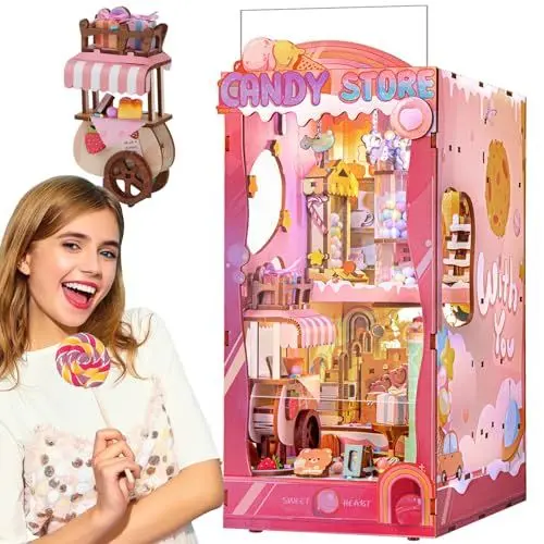 Produktbild: Quanquer DIY Book Nook für Junge Frauen Sweetheart Candy Store 3D Holzpuzzle Miniatur Haus Kit mit Möbeln und LED-Licht Kreatives Geschenk,Mit Staubschutzhülle