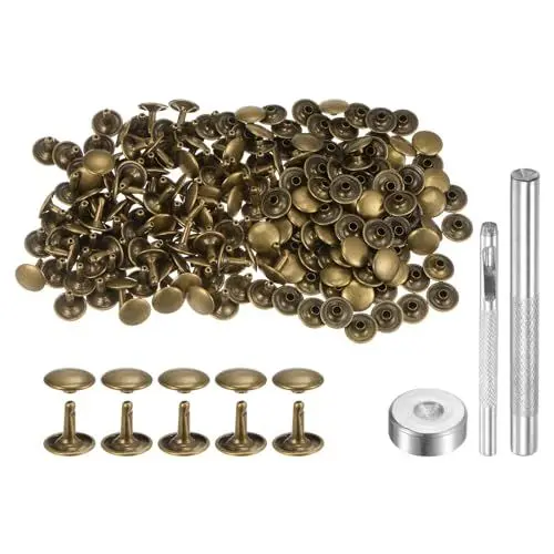 Produktbild: QUARKZMAN 100 Sets Ledernieten, 12 x 12 mm, Metall, Doppelkappe, Nieten, Druckknöpfe, Nieten, Verschlüsse mit 3 Setzwerkzeugen, Nieten für Lederhandwerk, DIY, Reparatur, Dekoration, Bronze