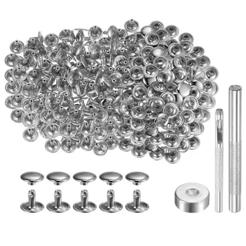 Produktbild: QUARKZMAN 200 Sets Leder Nieten 10mm x 8mm Metall Doppelkappe Nieten Druckknöpfe Befestigungselemente mit 3pcs Werkzeugen zum Setzen für Lederhandwerk Reparatur Dekoration, Silberton