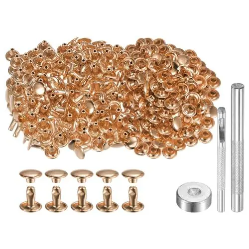 Produktbild: QUARKZMAN 200 Sets Leder Nieten 8mm x 8mm Metall Doppelkappe Nieten Druckknöpfe Befestigungen mit 3pcs Werkzeugen zum Setzen von Nieten für Lederhandwerk Reparatur Dekoration, Hellgold Ton