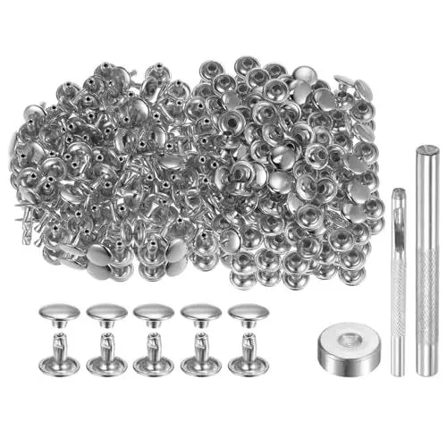 Produktbild: QUARKZMAN 200 Sets Leder Nieten 9mm x 8mm Metall Doppelkappe Nieten Druckknöpfe Befestigungen mit 3 Stück Werkzeugen zum Setzen von Nieten für Lederhandwerk Reparatur Dekoration, Silberton