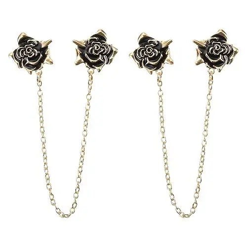 Produktbild: QUARKZMAN 2Stk Rose Pullover Clips Retro Kragenspangen für Strickjacken mit Kette Shirt Klammern Schal Klammern Kleidung Clip für Frauen(Gold)