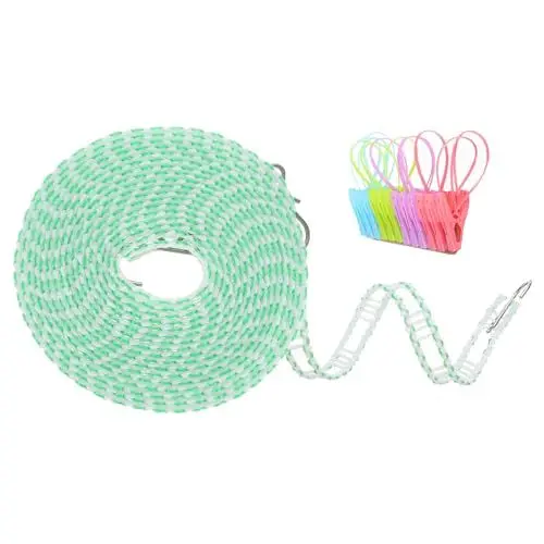 Produktbild: QUARKZMAN Winddichte Wäscheleine, 5M 16,4ft Kunststoff rutschfeste Wäscheleine mit 12 Clips, tragbare Wäscheleine für Outdoor-Camping und Reisen, Grün
