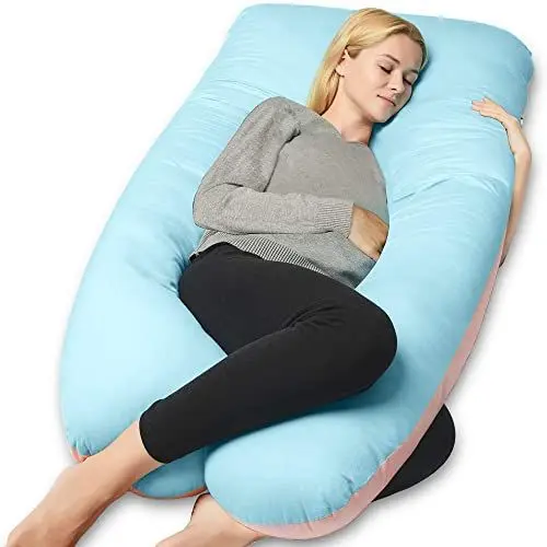 Produktbild: QUEEN ROSE Schwangerschaftskissen, Bezug aus 100% Baumwolle Seitenschläferkissen, Stillkissen mit Abnehmbarem und Waschbarem Bezug (Baumwolle, Blau & Rosa, 150 × 80 cm)
