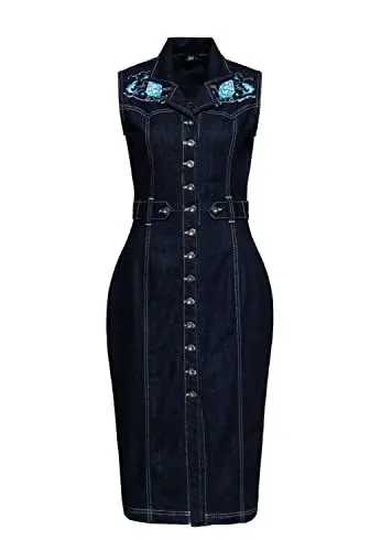 Produktbild: Queen Kerosin Damen Bleistiftkleid Pencil Dress Denim Kleid Pencil Skirt Jeanskleid Rockabilly Rockabella