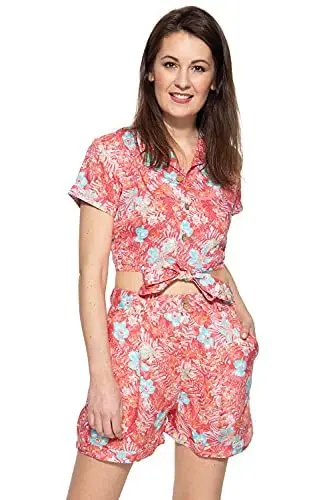 Produktbild: Queen Kerosin Damen Bluse Mit Tropischem Muster V Ausschnitt Kurzarm Kurzarmbluse Loose Fit Gemustert Aufschlag