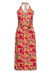 Produktbild: Queen Kerosin Damen Pencil Kleid Bleistiftkleid Neckholder Hawaii Tropischer All-Over-Print Hibiskus Sommer Party 50S Hawaii Red