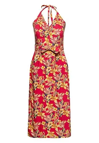 Produktbild: Queen Kerosin Damen Pencil Kleid Bleistiftkleid Neckholder Hawaii Tropischer All-Over-Print Hibiskus Sommer Party 50S Hawaii Red