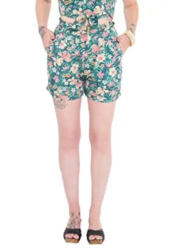 Produktbild: Queen Kerosin Damen Shorts Mit Tropischem Muster Aufschlag Shorts Tailliert Gemustert