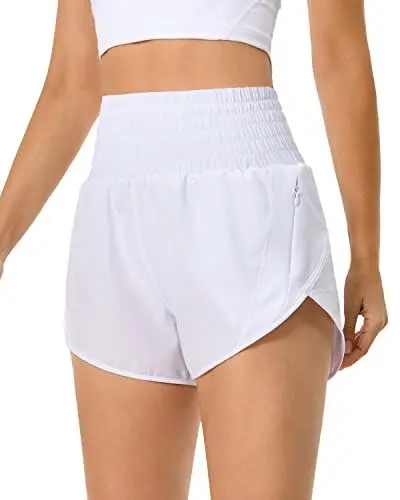 Produktbild: QUEENIEKE Kurze Sporthose Damen Sommer Laufhose Kurz Hose High Waist Radlerhose Schnell Trocknend mit Innenslip und Reißverschlusstasche Fitness Running Yoga Jogging Größe M Farbe Weiß
