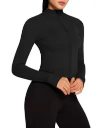 Produktbild: QUEENIEKE Sportjacke Damen Atmungsaktive Leicht Enge Laufjacke Mit Reißverschluss für Yoga Gym Daumenloch Sportoberteil A Schwarz S