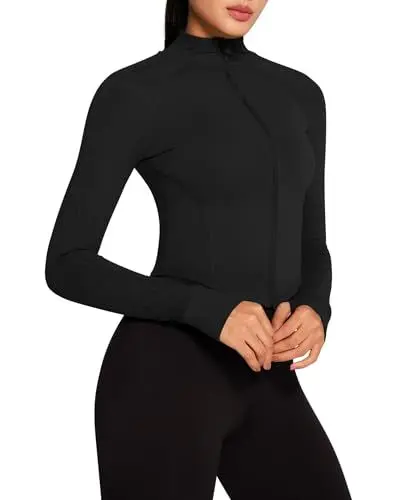 Produktbild: QUEENIEKE Sportjacke Damen Atmungsaktive Leicht Enge Laufjacke Mit Reißverschluss für Yoga Gym Daumenloch Sportoberteil A Schwarz S
