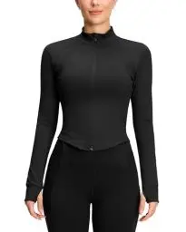 Produktbild: QUEENIEKE Damen Laufjacke Sportjacke Langarm Gym Tops Yoga Atmungsaktive Sportjacke Reißverschluss Trainingsjacke (Schwarz, 42-44)