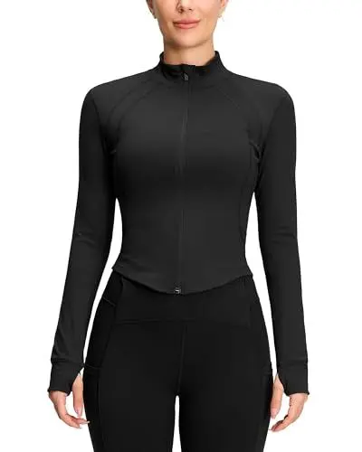 Produktbild: QUEENIEKE Damen Laufjacke Sportjacke Langarm Gym Tops Yoga Atmungsaktive Sportjacke Reißverschluss Trainingsjacke (Schwarz, 42-44)