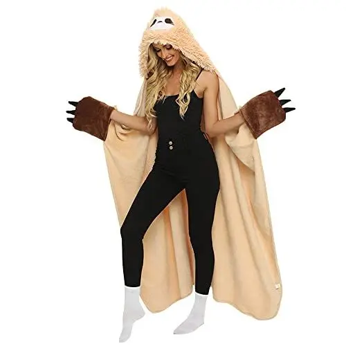 Produktbild: Queenshin Superweiche Warme Faultier Tragbare Kapuzendecke, Gemütlicher Plüsch Flanell Fleece Hoodie Wurf Mantel Wrap mit Klauen Handschuhe Geschenke für Mädchen Erwachsene