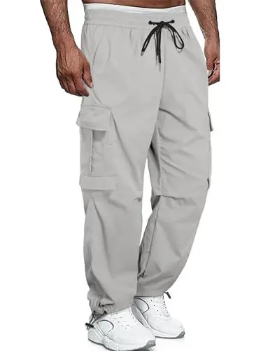 Produktbild: QUEZHU Cargohose Herren Nylon Chino Jogginghosen Cargo Hosen für Männer Baggy Sporthose Stretch Elastische mit Gummizug Freizeithose mit 6 Taschen Helles Grau S