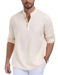 Produktbild: Hemd Herren Henley Langarm Leinenhemd Baumwolle Sommerhemd Freizeithemd Stehkragen Strandhemd Casual Regular Fit Beige L
