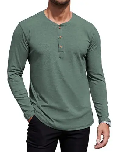 Produktbild: QUEZHU Henley T Shirt Herren Langarm Baumwolle Slim Fit Sportshirt Stehkragen T-Shirt Herren Gym T Shirts mit Knopfleiste für Männer Grün M