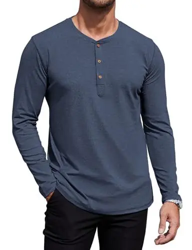 Produktbild: QUEZHU Henley T Shirt Herren Langarm Baumwolle Slim Fit Sportshirt Stehkragen T-Shirt Herren Gym T Shirts mit Knopfleiste für Männer Marine Blau XL