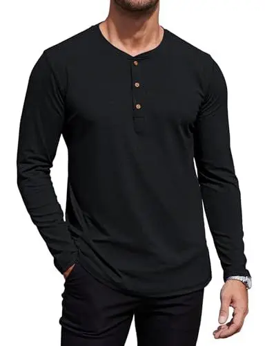 Produktbild: QUEZHU Henley T Shirt Herren Langarm Baumwolle Slim Fit Sportshirt Stehkragen T-Shirt Herren Gym T Shirts mit Knopfleiste für Männer Schwarz L