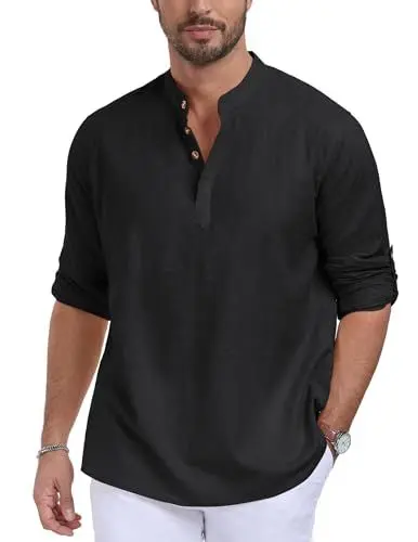 Produktbild: QUEZHU Leinenhemd Herren Langarm Henley Hemd Herren Baumwolle Sommerhemd Freizeithemd Strandhemd Casual Regular Fit Schwarz L