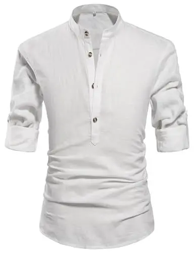 Produktbild: QUEZHU Leinenhemd Herren Langarm Henley Hemd Herren Baumwolle Sommerhemd Freizeithemd Strandhemd Casual Regular Fit Weiß S