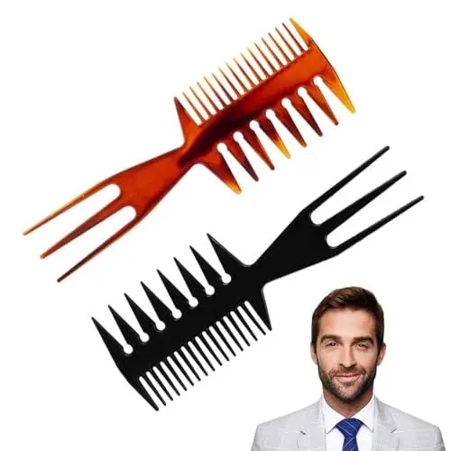Produktbild: Quiltique 2 Stück 3-in-1 Kämme aus Kunststoff, Haarbürste für Herren, große Zähne, Retro-Stil, Haarbürste, Haarkamm, Frisierwerkzeug, perfektes Werkzeug für Männer (Farbe: Schwarz, Bernstein)
