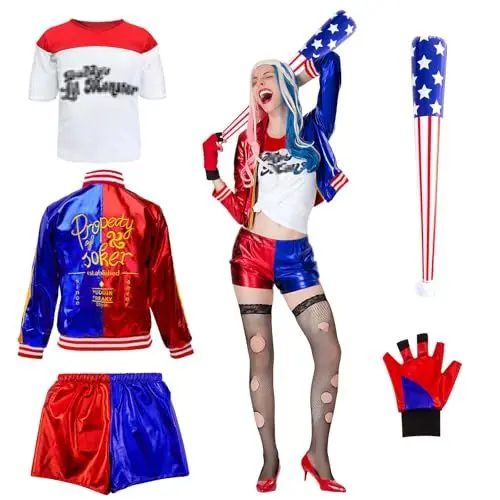 Produktbild: Quinn Kostüm Damen, Halloween Kostüm für Erwachsene Harlekin Kostüm Damen Cosplay Kostüme mit Jacke T-shirt Shorts Handschuhe Baseballschläger Halloween Karneval Cosplay