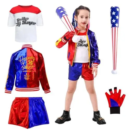 Produktbild: Heartsking Quin Kostüm Kinder, Squad Kostüm Halloween Mädchen Kostüm Cosplay Kostüm Damen mit Jacke T-shirt Shorts Handschuhe Baseballschläger für Karneval Cosplay Kostüme