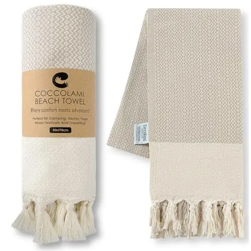 Produktbild: Coccolami 100% Baumwolle Hamamtuch - Vorgewaschen XL Strandtuch, Saunatuch, Türkisches Pestemal für Reisen, Strand, Yoga. (Beige)