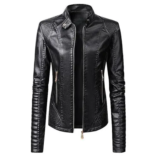 Produktbild: QUINTRA Lederjacke Damen Schwarz Langarm Motorrad Lederjacke Stehkragen PU Lederjacke mit Reißverschlusstasche (Black, M)