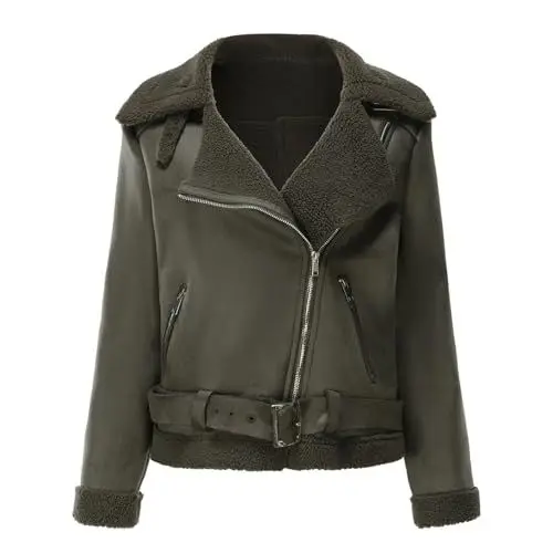 Produktbild: QUINTRA Lederjacke Damen Schwarz Wolle Einfarbige Warm Plüschjacke, Kunstlederjacke mit Reißverschlusstasche (Green, XL)