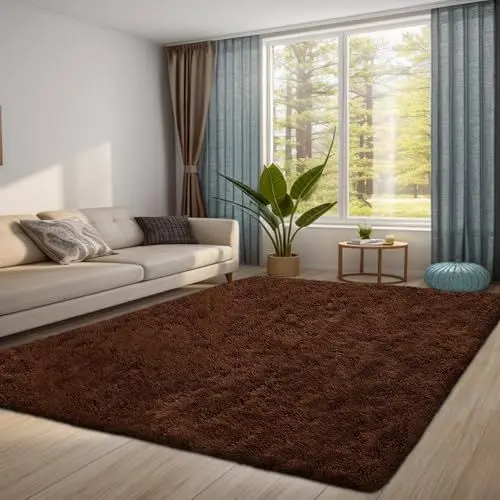Produktbild: QUINZI Teppich Wohnzimmer Schlafzimmer weicher zotteliger Teppich moderner Flauschiger Teppiche Rutschfester waschbarer (Kaffee, 120x180cm)