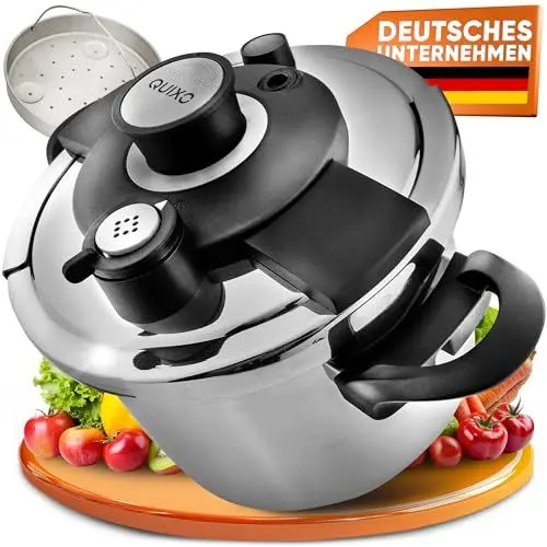 Produktbild: QUIXO Schnellkochtopf 6l VitaSmart (diesen Monat inkl. Gratis Garkorb und Ersatzdichtungsring) Dampfkochtopf mit Kochzeitsignal für alle Herdarten I 2 Garstufen