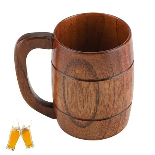 Produktbild: Qukaim Holzkrug Bierkrug aus Naturholz, Großer Rustikaler Bierkrug mit Griff für Bier und Säfte, Kapazität Holzbecher für Bar Haus Party (10.8cm Höhe)