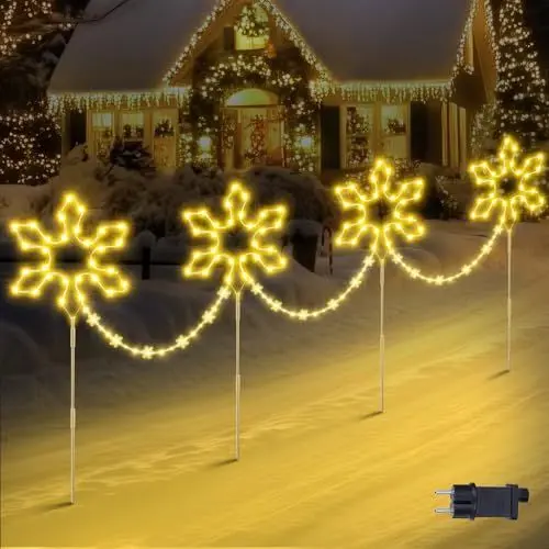 Produktbild: Quntis 176 LED Weihnachtsdeko Außen mit Erdspieß, 4 große Schneeflocken Gartendeko mit Timer, IP65 wasserdichte Weihnachtsbeleuchtung Outdoor Warmweiß, Strombetriebener Gartenstecker Hof Weg Balkon