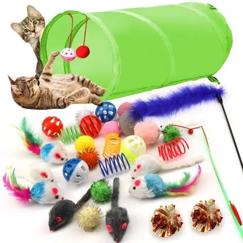 Produktbild: QUOZUO 31 Stück Katzen Spielzeug mit Katzentunnel, Bälle, Katzenspielzeug Mäuse, Federspielzeug, Plüschspielzeug, Interaktives Katzenspielzeug für Katzen, Katzen zubehör