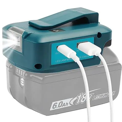 Produktbild: QUPERR - Adp05 Power Source Battery Adapter Arbeitslichtkonverter für Makita 14,4 V & 18 V Akku mit einem Paar USB-Telefon-Ladegerät-Schnittstelle, mit schnurloser DC-Port-Taschenlampe (Nur Adapter)