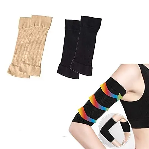 Produktbild: QUUPY 2 Paar Arm Slimming Shaper Wickelhülle für Frauen Gewichtsverlust Oberarm Shaper hilft beim Abnehmen (Schwarz + Fleischfarbe)